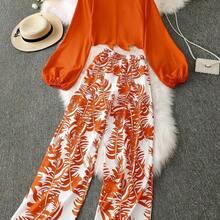2 Pieces Women Solid Color Long Sleeve Shirt & Long Pants Set, Summer Fashion Fall Cloth For Women - Naranja - Ver 3