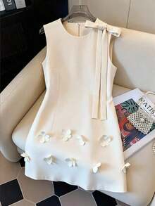 Vestido sin mangas con diseño de pétalos florales elegante francés, vestido blanco de mujer con lazo y diseño de flores 3D para primavera/verano, adecuado para salidas diarias, citas, fiestas, graduación, vacaciones - Blanco - Ver 1