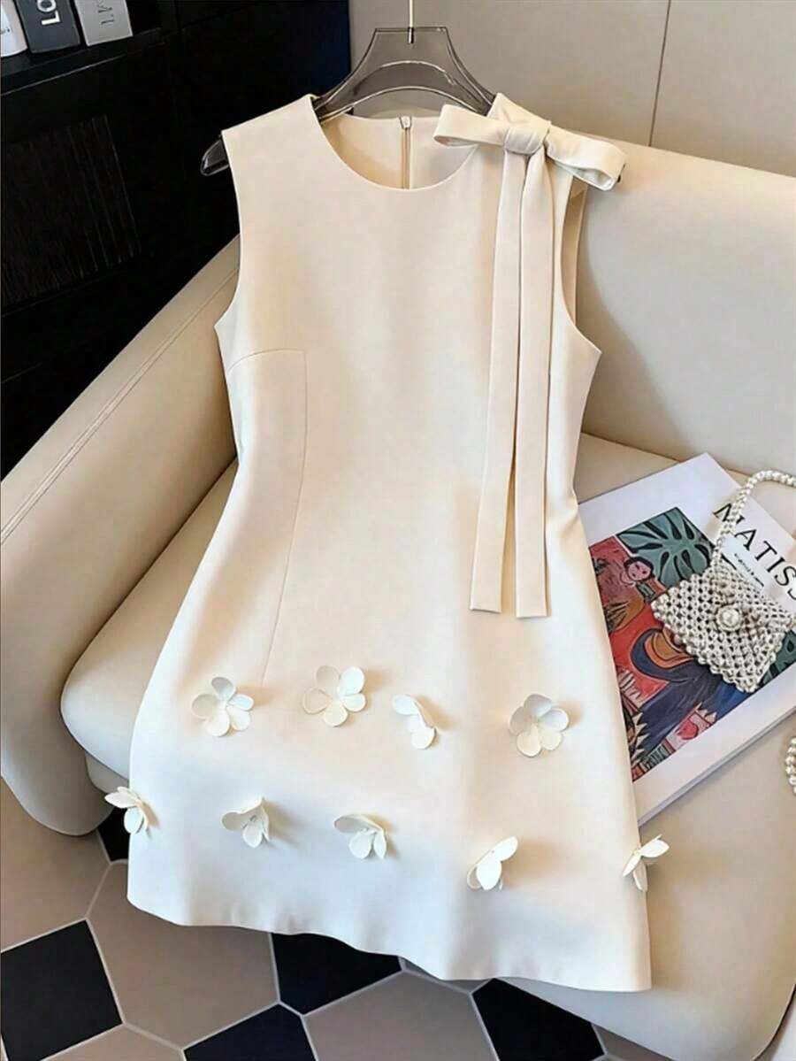 Vestido sin mangas con diseño de pétalos florales elegante francés, vestido blanco de mujer con lazo y diseño de flores 3D para primavera/verano, adecuado para salidas diarias, citas, fiestas, graduación, vacaciones - Blanco - Ver 1