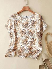 Blusa casual con estampado floral, cuello redondo y mangas tipo murciélago para mujer, blusa floral azul, blusa floral azul y blanca, blusa floral, blusa floral para mujer, blusa de verano, blusas elegantes para mujer, casual - Multicolor 2 - Ver 8