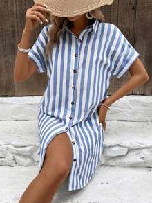 Vestido camisero de rayas azules y blancas rastreable de algodón para mujer - Azul y blanco - Ver 3