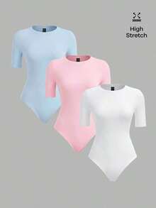3 piezas Body ajustado de manga corta y cuello redondo de punto de unicolor para mujer - Multicolor 3 - Ver 4