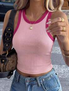 Top corto de tirantes de unicolor casual para mujer - Rosa - Ver 8