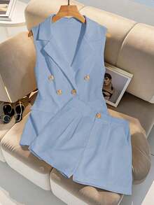 Conjunto de 2 piezas: Elegante chaleco sin mangas y pantalones cortos - Azul - Ver 3