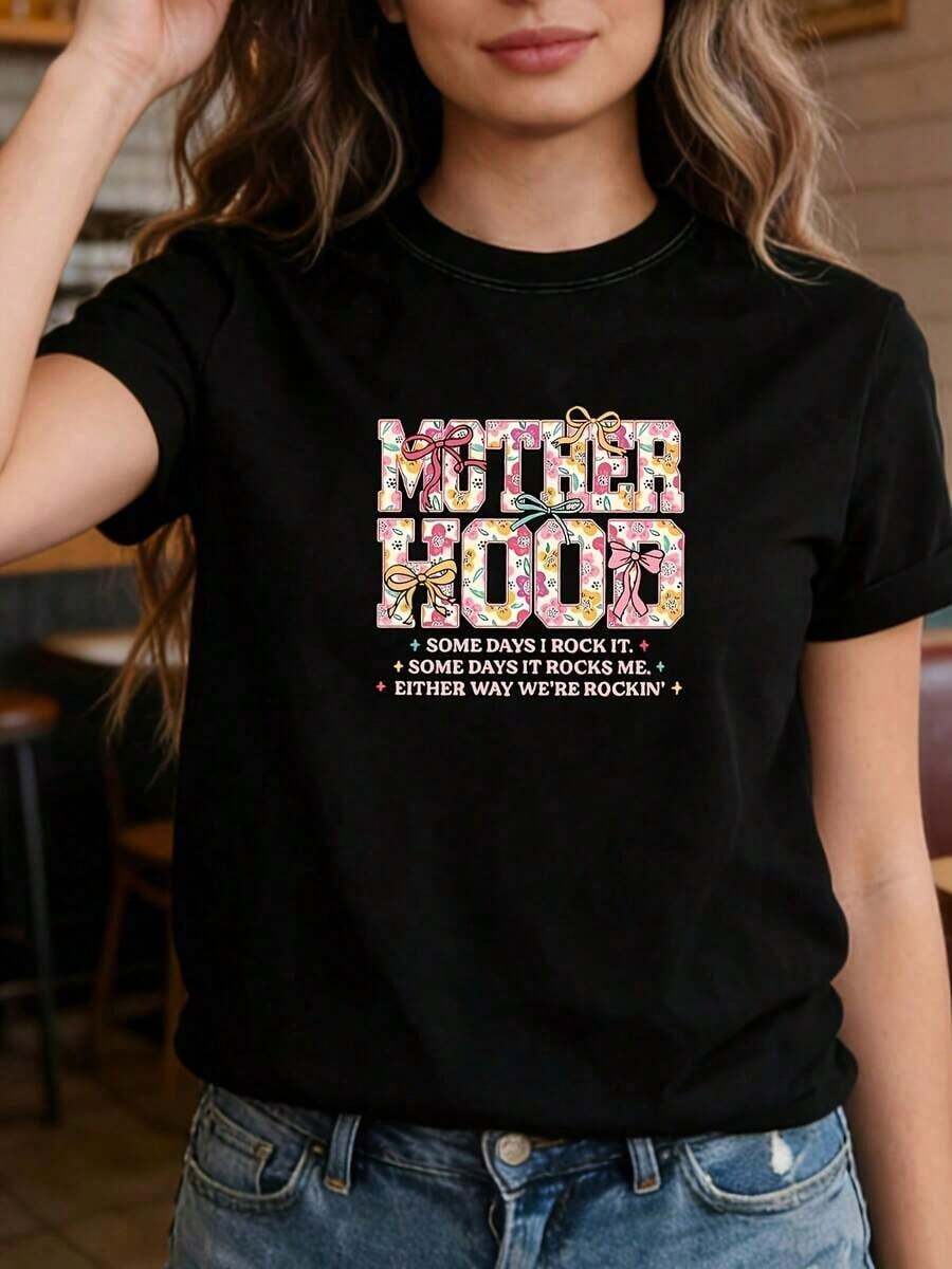 Women's "Mother" Print T-Shirt For Mother's Day, Black, Short Sleeve, Round Neck, Machine Washable, Suitable For Parties, Casual Outings, Gatherings, Everyday Fashion, Versatile And Elegant, Perfect For Meetings With Friends, Festive Outfit - 黑色 - 查看 1