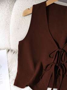 Set de 2 piezas de conjunto informal de mujer de unicolor con nudo, elegante para primavera/verano - Rojo - Ver 5