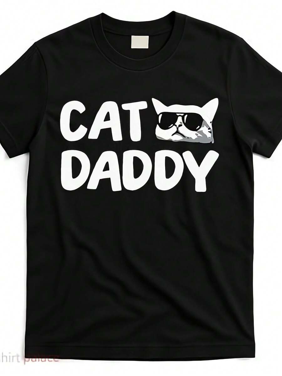 Men's Casual Graphic Print Crew Neck Short Sleeve T-Shirt, "Cat Daddy" T-Shirt, Fashionable, Soft And Comfortable T-Shirts, Summer Streetwear. - 黑色 - 查看 1