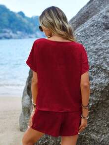 Conjunto de top de manga corta y pantalones cortos de unicolor para mujer, ideal para vacaciones - Burdeos - Ver 2