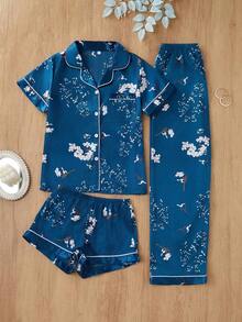 Conjunto de pijama de 3 piezas para mujer con cuello de seda falsa de unicolor y ribete contrastante - Agua verde azul - Ver 4