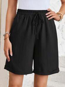 Pantalones cortos casuales de unicolor con bolsillos y cordón para la cintura para mujer - Negro - Ver 6