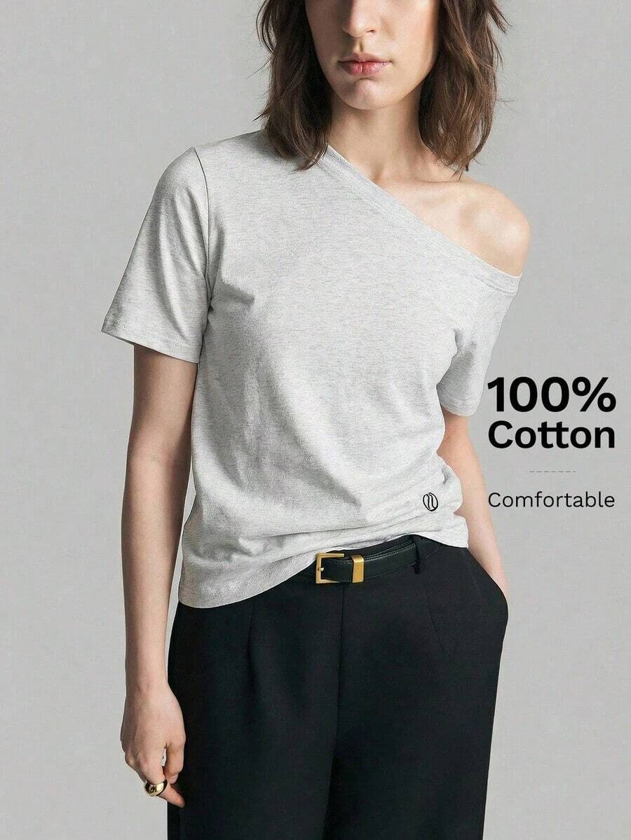 Camiseta de mujer de manga corta y hombro asimétrico, primavera/verano 2026.Camiseta casual urbana elegante con cuello asimétrico, adecuada para oficina, maestros, invitados de boda, vacaciones, casual de negocios, versátil - Gris - Ver 1