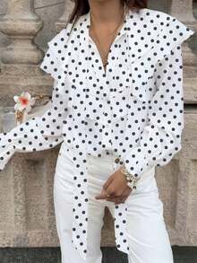Camisa casual con botones, con volantes, estampado floral diminuto y decoración de perlas, ideal para primavera y vacaciones - Blanco - Ver 3