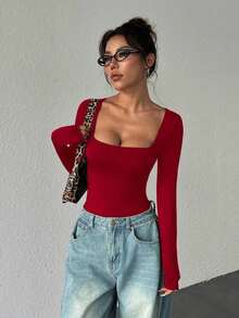 Unity Body de manga larga para mujer, color marrón, ajuste ceñido, minimalista, versátil para ir al trabajo - Burdeos 2 - Ver 3
