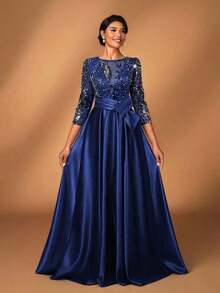 y lujoso vestido de manga larga transparente con bordado de encaje floral, con perlas y lazo con diamantes, con vuelo.Adecuado para boda, fiesta, vacaciones, baile de graduación, vestido de noche para novia, madre de la novia - Azul marino - Ver 3