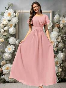 Vestido de dama de honor de gasa con volantes y mangas cortas con volantes, cuello de barco, estilo elegante para boda, color eucalipto - Rosa Pálido - Ver 4