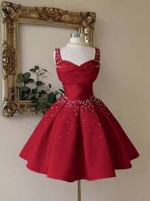 Vestido elegante, lujoso y noble de estilo palaciego con hombros abiertos, escote corazón sin tirantes, silueta de sirena, decoración de perlas falsas y bajo acampanado, adecuado para despedida de soltera, boda, graduación, vacaciones y fiesta de - Burdeos - Ver 1