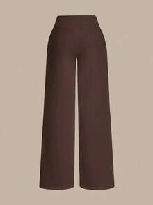 Pantalón de chándal de pierna ancha y cintura baja de unicolor de punto para mujer - Marrón - Ver 7