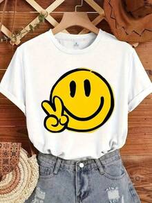 Camiseta Extra Grande para Mujer con Estampado de Cara Feliz en Turquesa - Camiseta Casual de Manga Corta con Cuello Redondo y Contorno Alegre Amarillo y Negro, Corte Relajado para Todas las Estaciones, Blusa para Ropa Diaria y de Vacaciones (Lavable a Máquina) - Negro - Ver 6