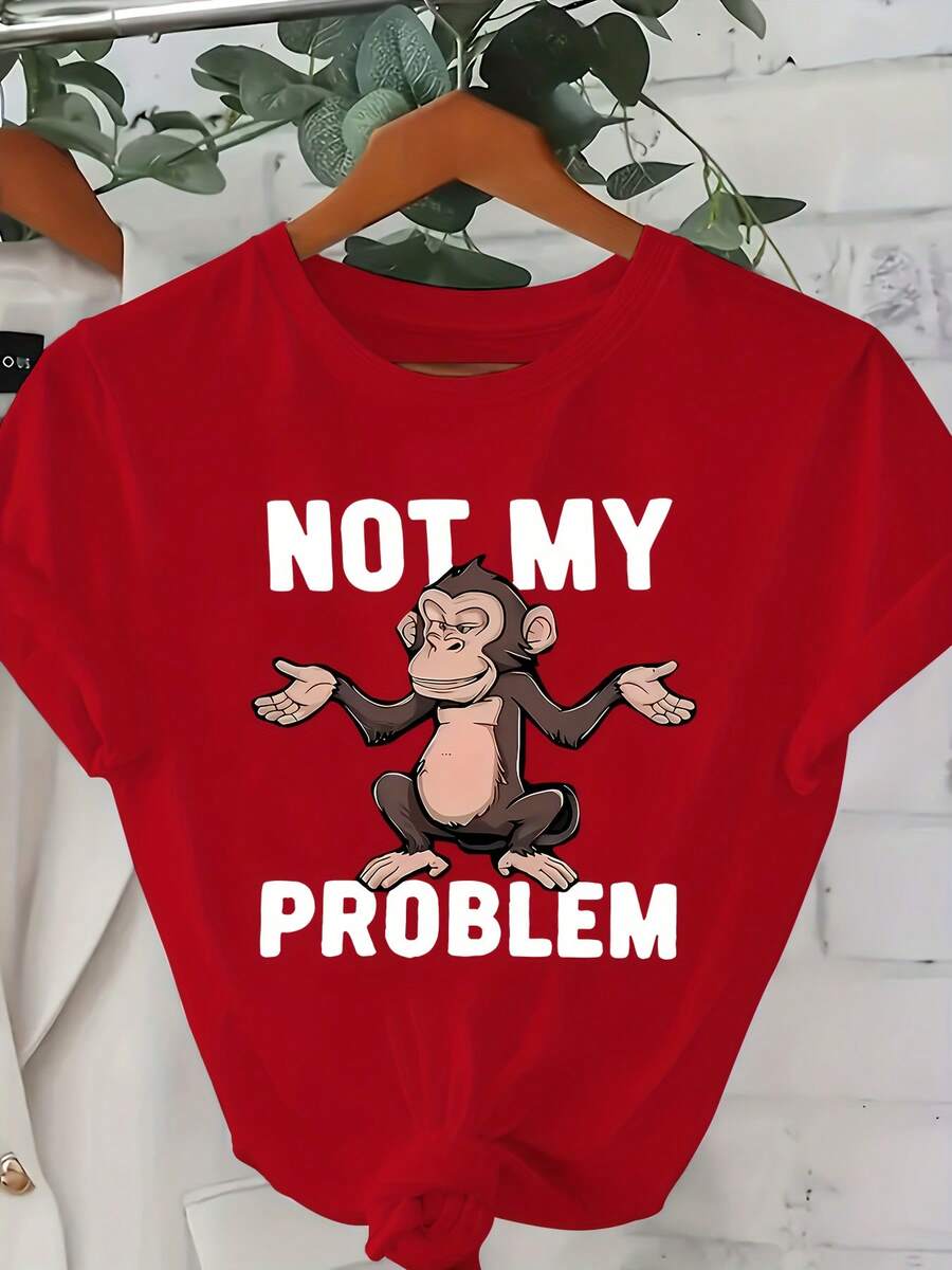 Plus Size - Plus Size - Women's Plus Size 0-8XL Casual And Stylish Printed T-Shirt, Fashionable Base Layer For Everyday Outings, Unique Design Suitable For All Seasons, Comfortable Fit, Women's T-Shirt With The Slogan "Not My Problem", Casual Crew Neck - [紅色的] - 查看 1