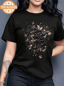 100% Algodón Premium 180g .¡Oferta Especial!Playera.Camiseta única cómoda con estampado de rosa negra y algodón premium para mujer joven y moderna de color negro disponible en tallas S, M, L, XL categoría moda femenina última .Camiseta Streetwear Unisex Ideal para Conciertos y Regalo - Negro - Ver 6