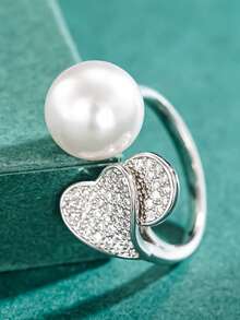 1pc Elegant Cubic Zirconia & Faux Pearl Ring, Women's Wedding Jewelry, Valentine's Day Gift - Silver - View 3