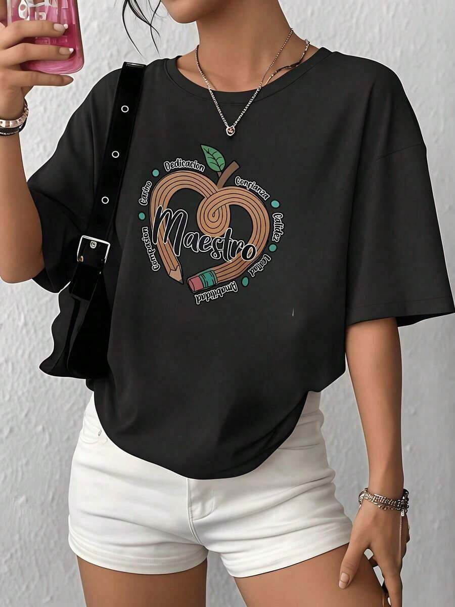 100% Cotton. Illustration Of An Apple Drawn In Pencil With Words Like Dedication, Trust, Love, And Gratitude, Symbolizing Appreciation For The Teacher. Women's 100% Cotton Casual Comfortable T-Shirt. Women's Simple Solid Color T-Shirt, Loose And Slim Fit Casual Short Sleeve - 黑色 - 查看 1