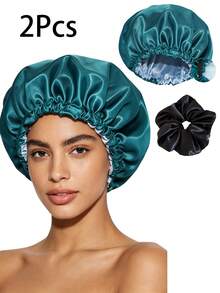CONFLASS 2pcs/1pc Women's Solid Color Double-Layer Satin Adjustable Loose Bonnet, With Elastic Button, Elastic Colorful Adjustment Buckle Sleep Cap, Suitable For Daily Wear, Suitable For Matching Headscarf, Women's Headscarf - Hot Pink - View 13