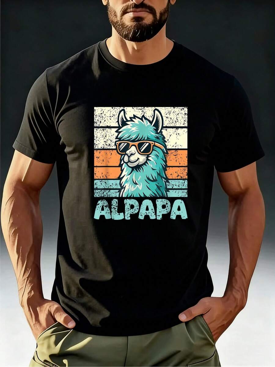 Premium Summer T-Shirts For Men, Comfortable, Breathable, And Quick-Drying For Adults. Fun Vintage T-Shirt For Adults Featuring The Alpaca "ALPAPA" Wearing Fashionable Glasses Against A Distressed Striped Background. Cool Blue And Orange - 黑色 - 查看 1