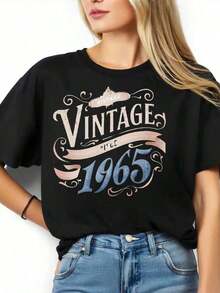 Women's Vintage Classic Graphic T-Shirt Since 1965, Birthday Gift, Celebration Wear - Vintage Urban Style, Unisex, Loose Fit, Cotton, Short Sleeve, Crew Neck, 100% Cotton - 黑色 - 查看 3