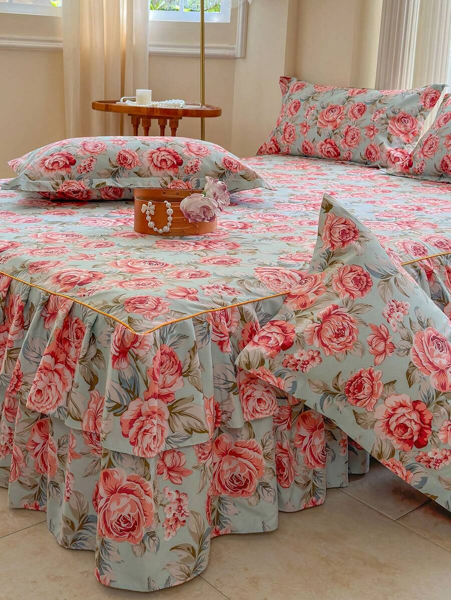 Juego de 3 piezas de falda de cama (1 falda de cama + 2 fundas de almohada), para todas las estaciones, en varios estilos de tamaño, adecuado para el juego de ropa de cama del dormitorio - Rosa Roja - Ver 1