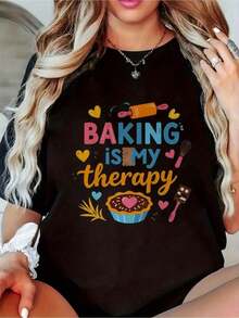 Camiseta estampada para mujer con temática de repostería - Eslogan "Baking Is My Relax" con diseño de cupcakes, rodillo y utensilios de cocina - Camiseta casual de manga corta y cuello redondo, corte relajado y transpirable, adecuada para panaderos, ropa de repostería lavable a máquina para chefs caseros, playera de verano casual para mujer. - Negro - Ver 7