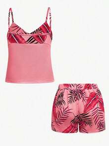 2 piezas Conjunto de top de tirantes y shorts estampados con plantas para mujeres - Rosa - Ver 2