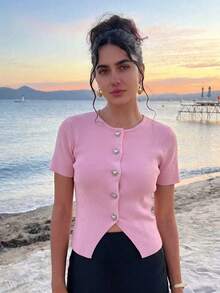 Cárdigan de punto con cuello redondo y botones con forma de corazón para mujer, primavera/verano, casual y elegante, ajustado y de longitud regular; Blusa rosa de manga corta para el Día de San Valentín, adecuada para uso diario en verano - Rosa Pálido - Ver 9