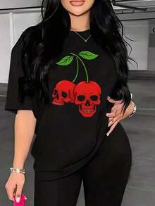 Nueva camiseta de cuello redondo y manga corta para mujeres con patrón de cabeza de esqueleto de Halloween suelto y blusa casual para mujeres - Negro - Ver 7