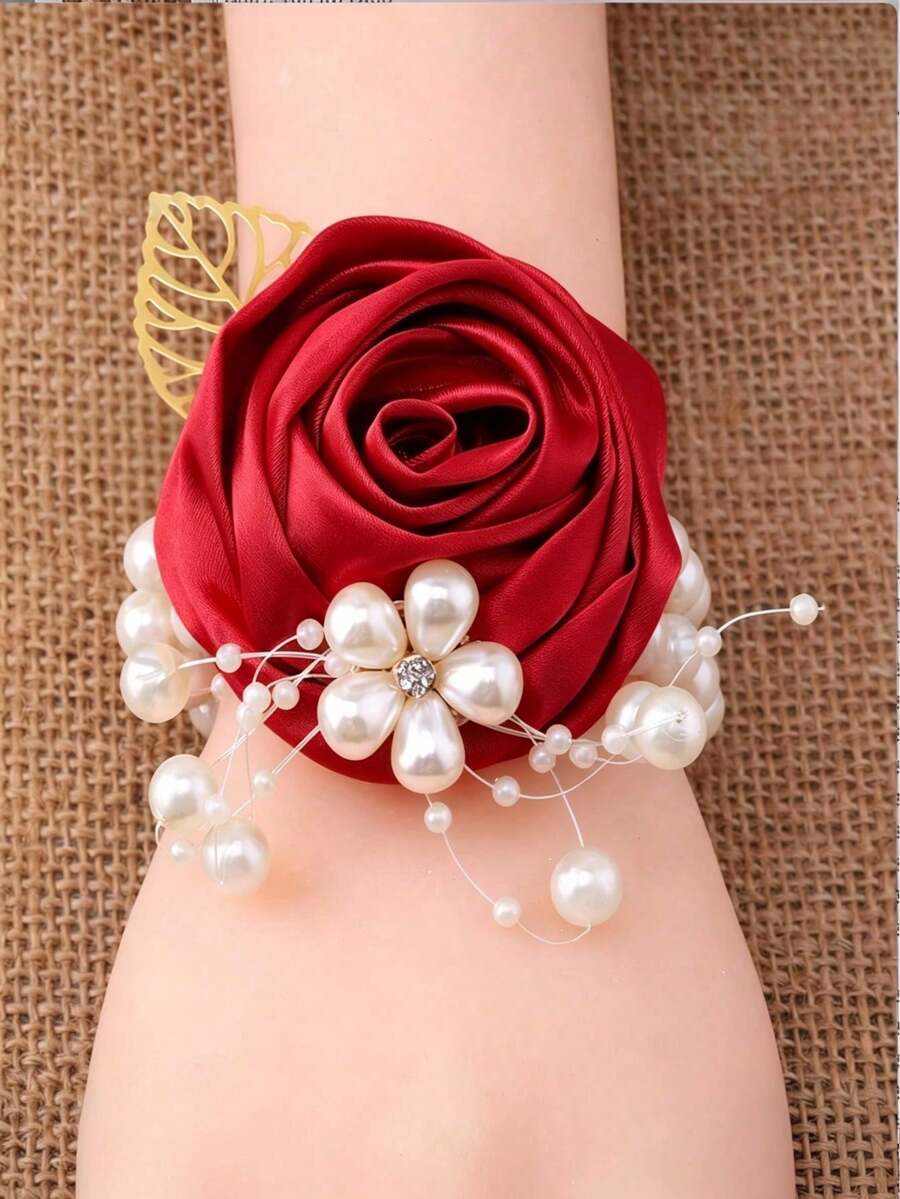 1pc Pearl, Gold Leaf & Satin Ribbon Gold Rose Wrist Corsage & Boutonniere, Suitable For Wedding, Bridal, Ceremony, Photoshoot, Party - Red - View 1