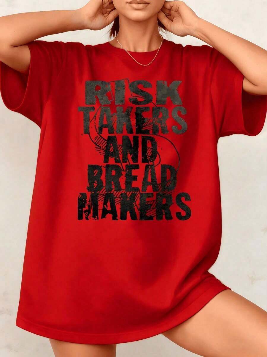 Women's T-Shirt With "Risk Takers And Bakers" Graphic Print, Inspirational Quotes, 100% Cotton, Crew Neck, Casual Everyday Style, 1 Piece. Excellent Gifts For Friends And Family. - 紅色 - 查看 1