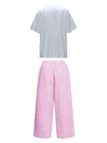 Plus Size Letter Print Round Neck Short Sleeve T-Shirt And Striped Print Pants 2-Piece Set Elegant Summer - Hot Pink - View 4