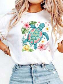 Women's T-Shirt With Floral Sea Turtle Print, Summer T-Shirt For Women, Beach T-Shirt, Ocean T-Shirt, Gift For Nature Lovers, Unisex Graphic T-Shirts, Funny T-Shirt - 白色 - 查看 6
