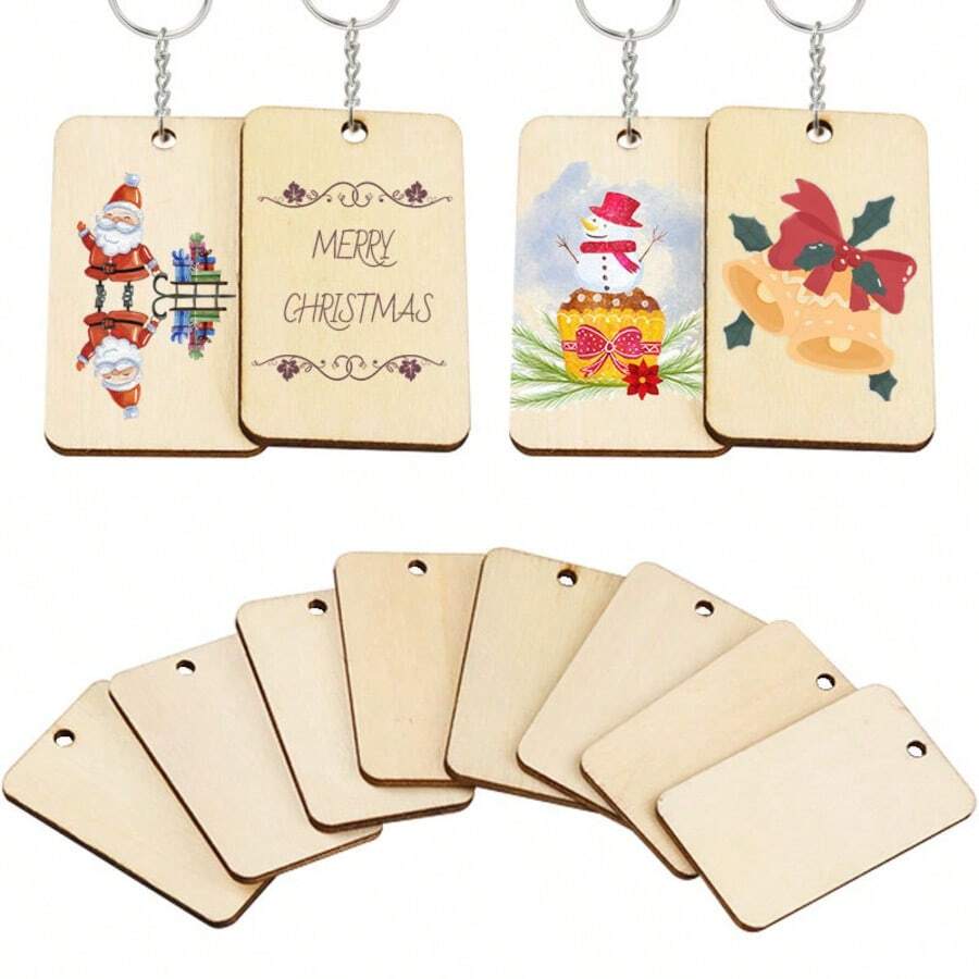 1 Box DIY Wooden Keychain Pendant Set, Unfinished Keychain Pendant Gift, With Hanging Rings - Rectangular Wood Blanks For Custom Keychain Handle Craft, Suitable For Keychain Decoration, DIY Tag Making, Luggage Decoration, Holiday DIY, Versatile, Sturdy And Durable, Carefully Selected Gifts - Apricot - View 1