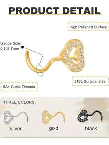 20G 6 piezas Aros de nariz, barra de 7mm, CZ de 3mm, acero inoxidable, adecuados para perforación de la nariz, ajuste pequeño para uso diario, trabajo, sueño, mujeres y hombres - Dorado - Ver 4