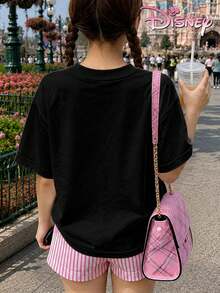 Pure Cotton Short-Sleeved T-Shirts For Teenage Girls, Featuring The Classic Disney Character "Disneyland" Themed Print. Loose And Comfortable Fit, Retro Style Perfect For Summer Wear, Suitable For Everyday Outfits, Disney Outings, And Casual School Settings. - 黑色 - 查看 3