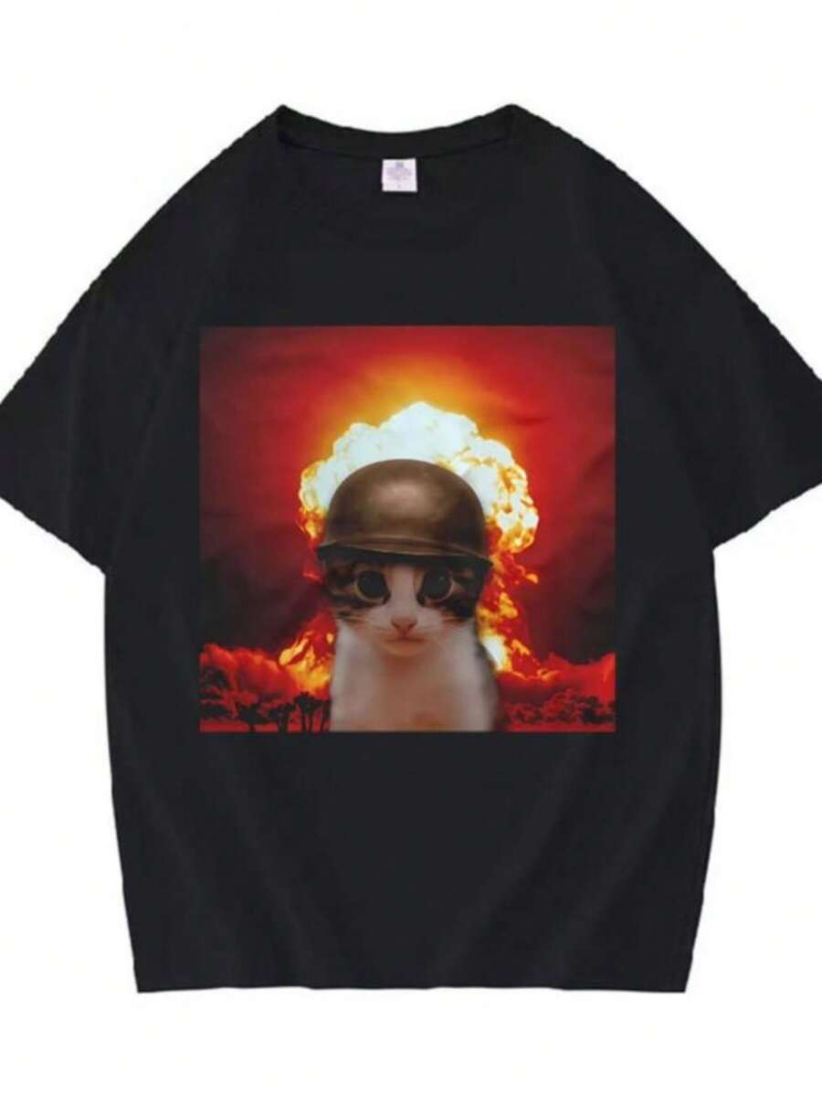 Women's T-ShirtsFunny Explode Cat T-Shirt Gothic Casual Round Neck Aesthetic Short Sleeve Tshirts Soft Comfort T Shirt Men Women Clothes Summer - 黑色 - 查看 1