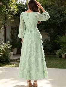 Deep V Neck Long Puff Sleeve Ruched Waist Ruffle Flowy Wedding Guest Dress For Garden Wedding Guest, Picnic Date, Beach Vacation, And Tea Party - Green - View 4