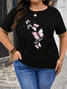 Camiseta de Mujer de Talla Grande con Estampado de Mariposa Rosa, Camiseta de Algodón, Regalo Ideal - Negro - Ver 3