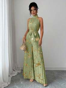 Mono de pierna ancha elegante y romántico con cuello de volantes sin mangas para mujer, ideal para Halloween - Verde - Ver 6