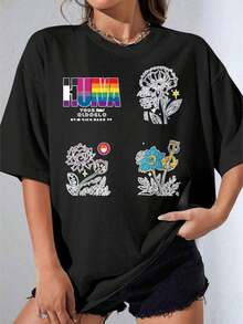 Women's T-Shirt Gift Set, Casual Short Sleeve Party T-Shirt, Oversized White T-Shirt With Floral And Anchor Print With Rainbow Moon Logo, Urban Casual Clothing For Women, Soft Summer Outfit - 黑色 - 查看 4