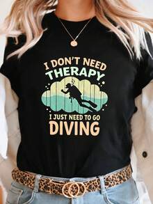 Women's Graphic Tee With "I Don't Need A Break, I Just Need To Dive" Print - Casual Black Short-Sleeved Round Neck Top With Diver And Bubble Design, Medium Stretch, Machine Washable, Comfortable For All Seasons, Women's Medium Stretch Fabric Blouse. - 黑色 - 查看 7