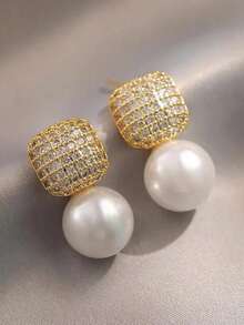 1 Pair Elegant Cubic Zirconia & Faux Pearl Earrings, Suitable For Women, Ideal For Weddings, Engagements, Anniversary Parties, Valentine's Day Gifts - Yellow Gold - View 2