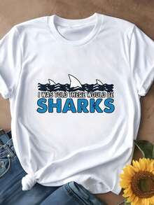 Women's T-Shirt, Loose Fit, Black And White Options, Shark Graphic Print, Casual Everyday T-Shirts, Summer Tops, Graphic Tees, Women's Summer Sets, Women's Crop Tops, Casual Blouses For Ladies - 白色 - 查看 2