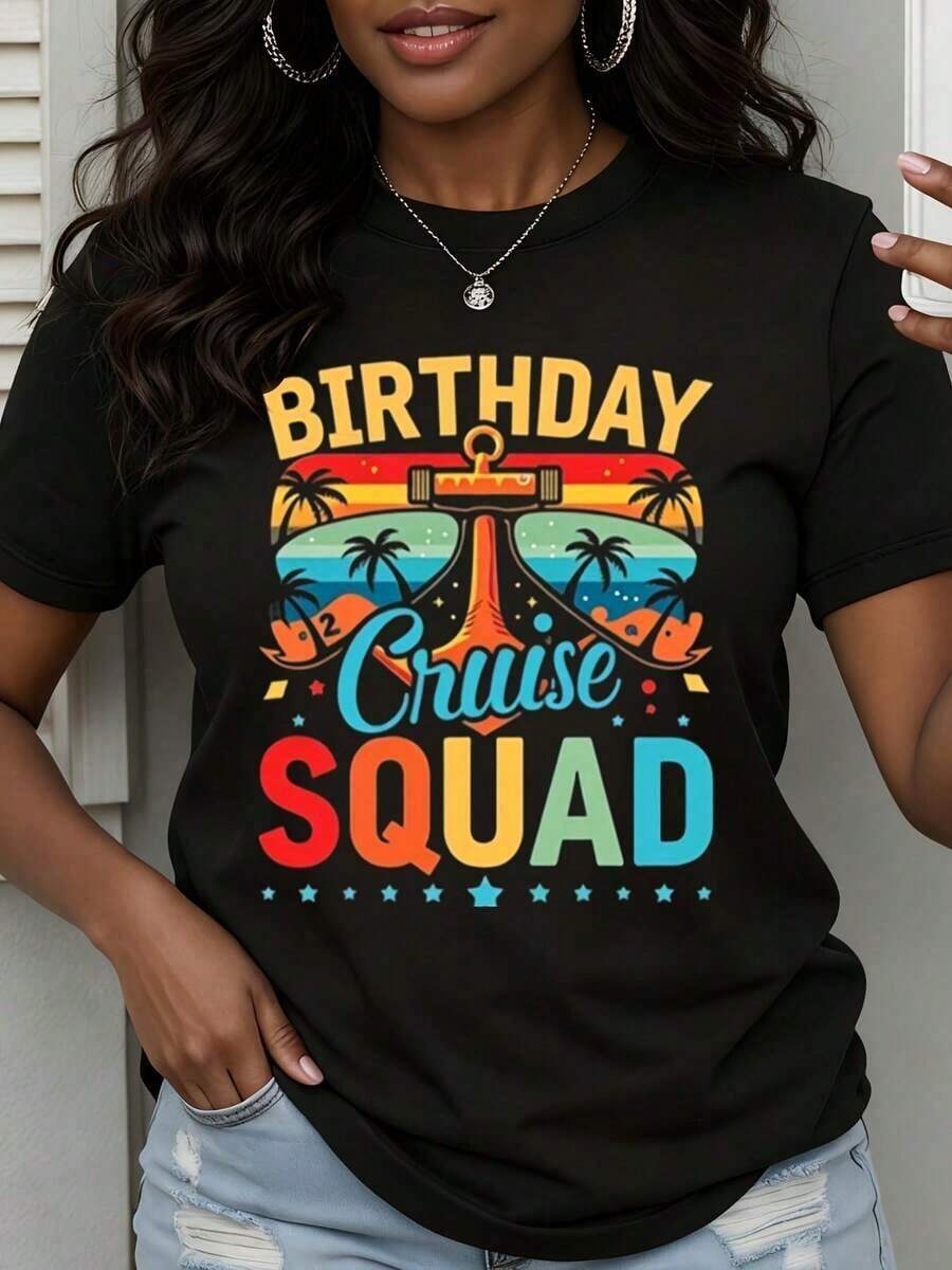 Camiseta estampada para mujer con temática de cumpleaños, cuello redondo, estampado colorido de Cruise Squad con diseño de palmeras y gafas de sol para vacaciones, fiestas y salidas. Playera para verano. - Negro - Ver 1